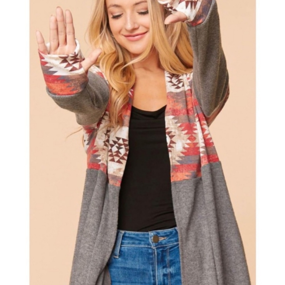 Aztec print at top Sweater Cardigan. - Picture 2 of 9